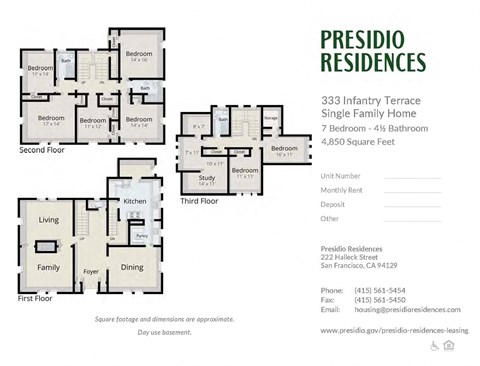 A floor plan for a 333 Infantry Terrace Single Family Home with 7 bedrooms and 4 1/2 bathrooms.